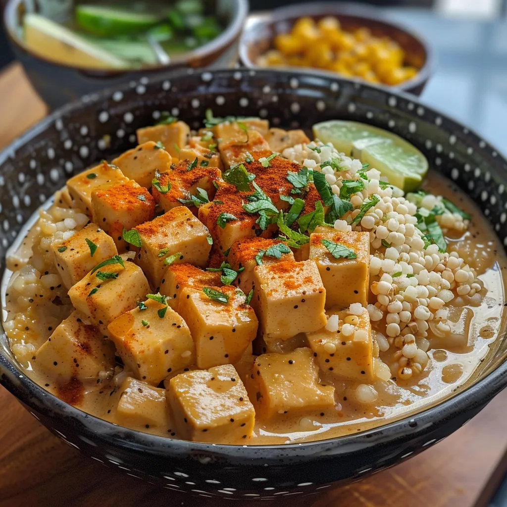 Close-up de uma refeição saudável com tofu frito, abacate e quinoa em uma tigela.