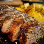 Carne assada suculenta em uma assadeira com legumes.