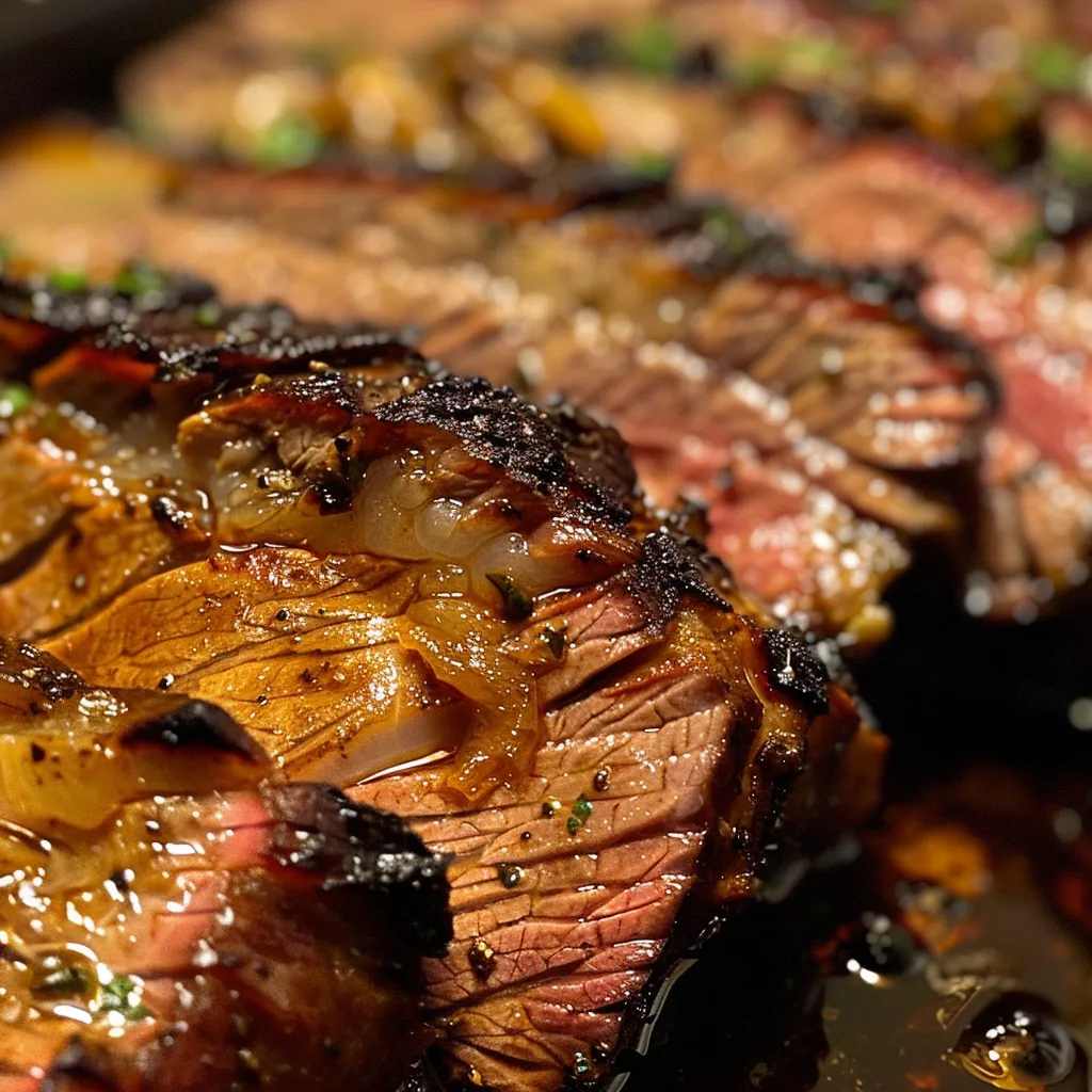 Close-up de uma fraldinha assada com cebolas e pimentões.