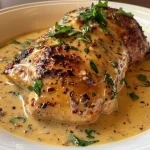 Close-up of a creamy spinach and chicken dish in a bowl.