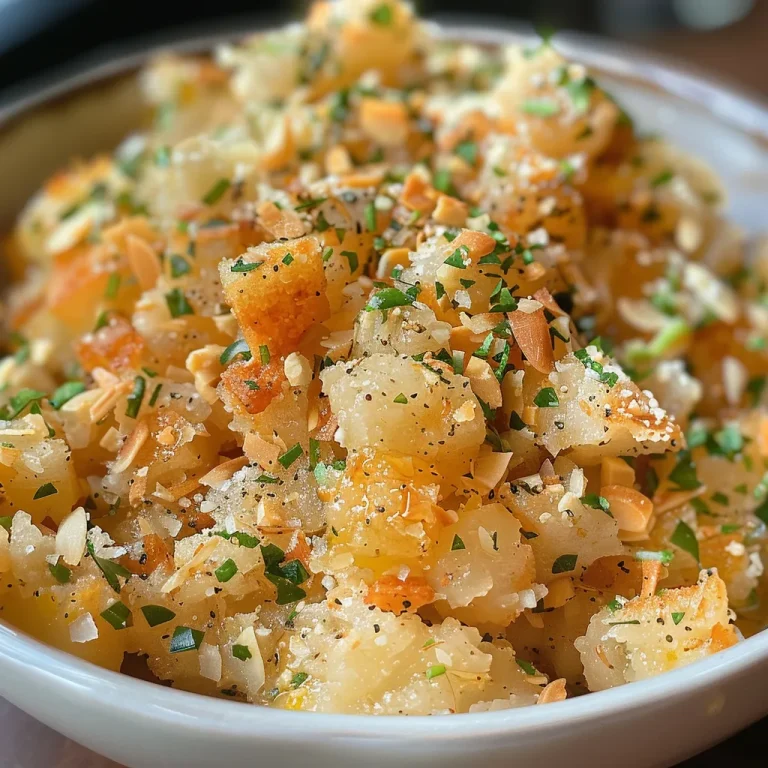 Close-up of Farofa de alho, showing its golden texture with bits of garlic and herbs.