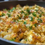Close-up view of a savory Farofa de Ovo, highlighting its golden texture and ingredients.