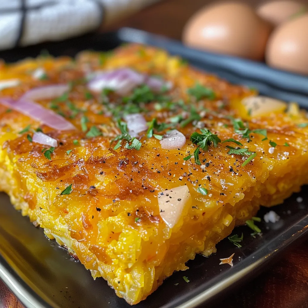 Side view of a colorful dish of Farofa de Ovo with eggs and herbs, served in a bowl.