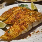 Close up do filé de peixe assado com temperos e legumes.