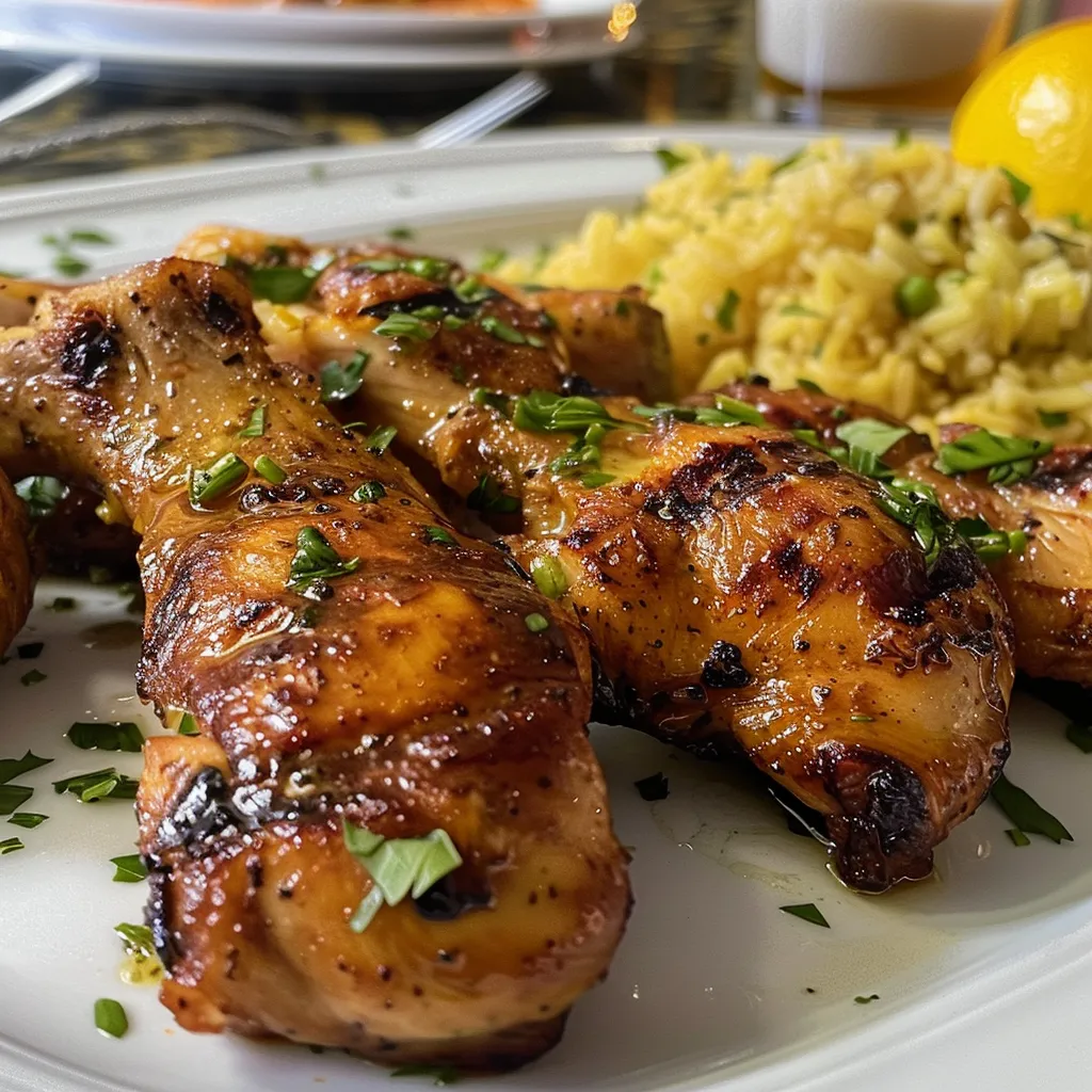 Side view of juicy Frango à passarinho garnished and ready to serve.