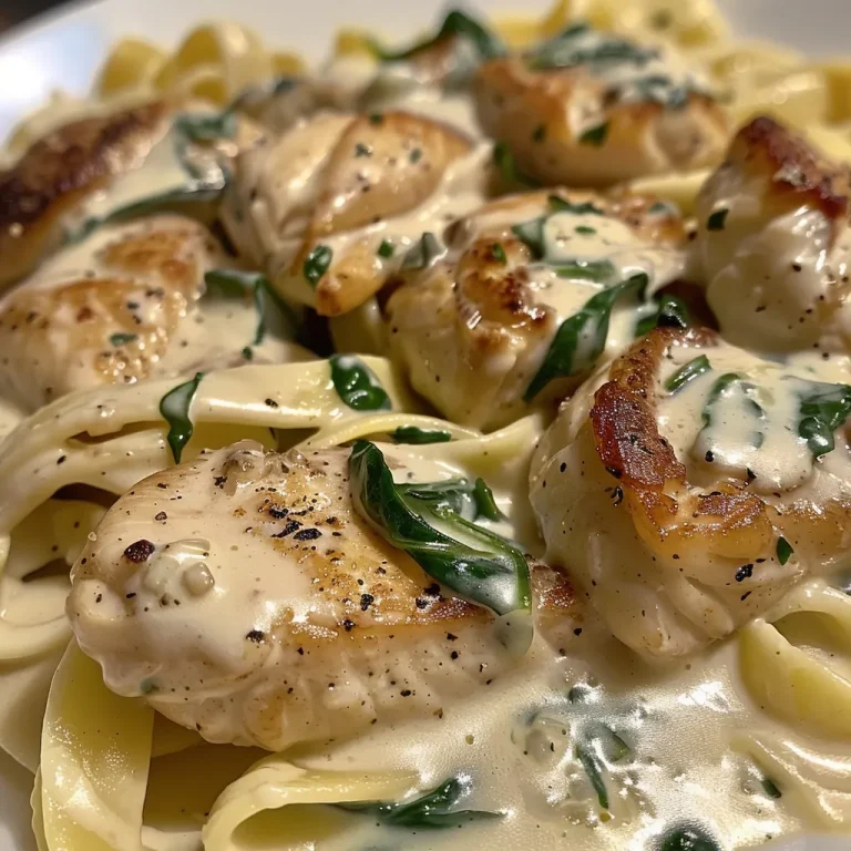 Delicie-se com um Frango Alfredo dos Deuses: Espinafre e Cogumelos em Harmonia! Close-up of a creamy Frango Alfredo with spinach and mushrooms.