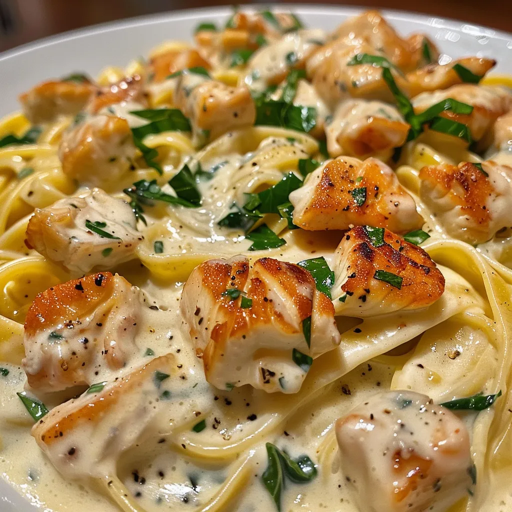 Side view of a delicious plate of Frango Alfredo with vibrant spinach and mushrooms.