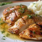 Close-up view of a plate with Frango com Creme de Cebola, showcasing juicy chicken and creamy sauce.