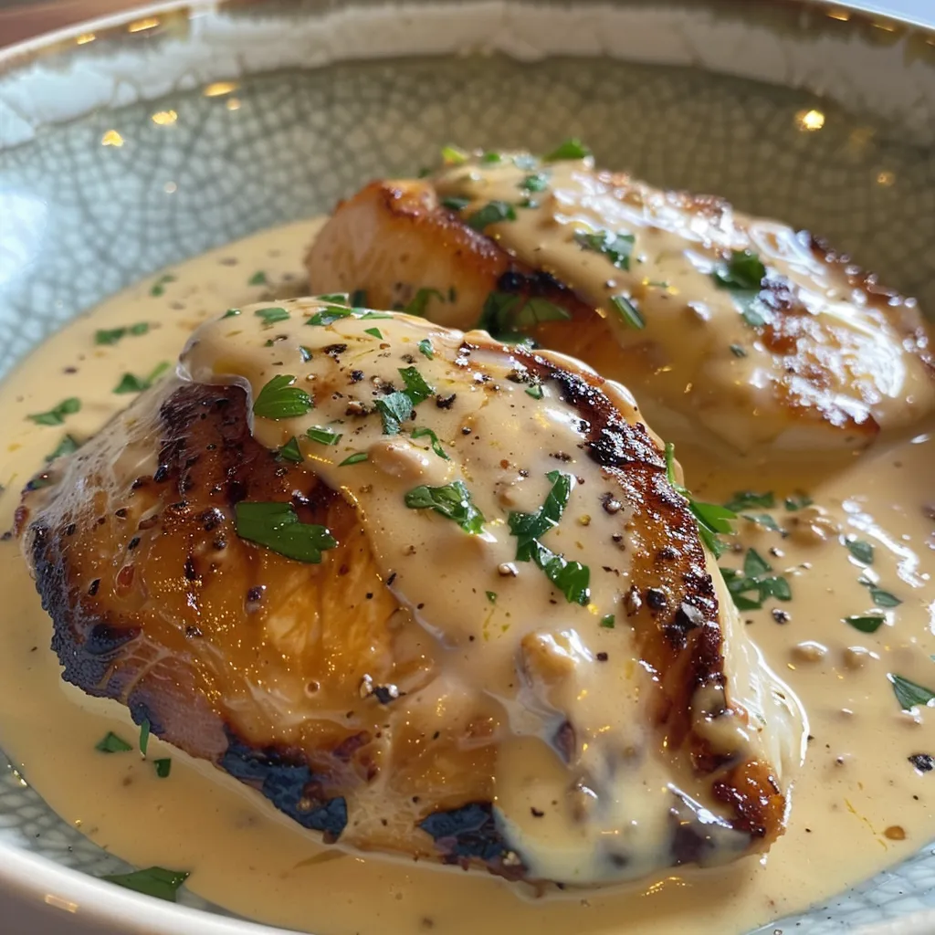 Side view of Frango com Creme de Cebola, highlighting tender chicken immersed in a rich onion cream sauce.