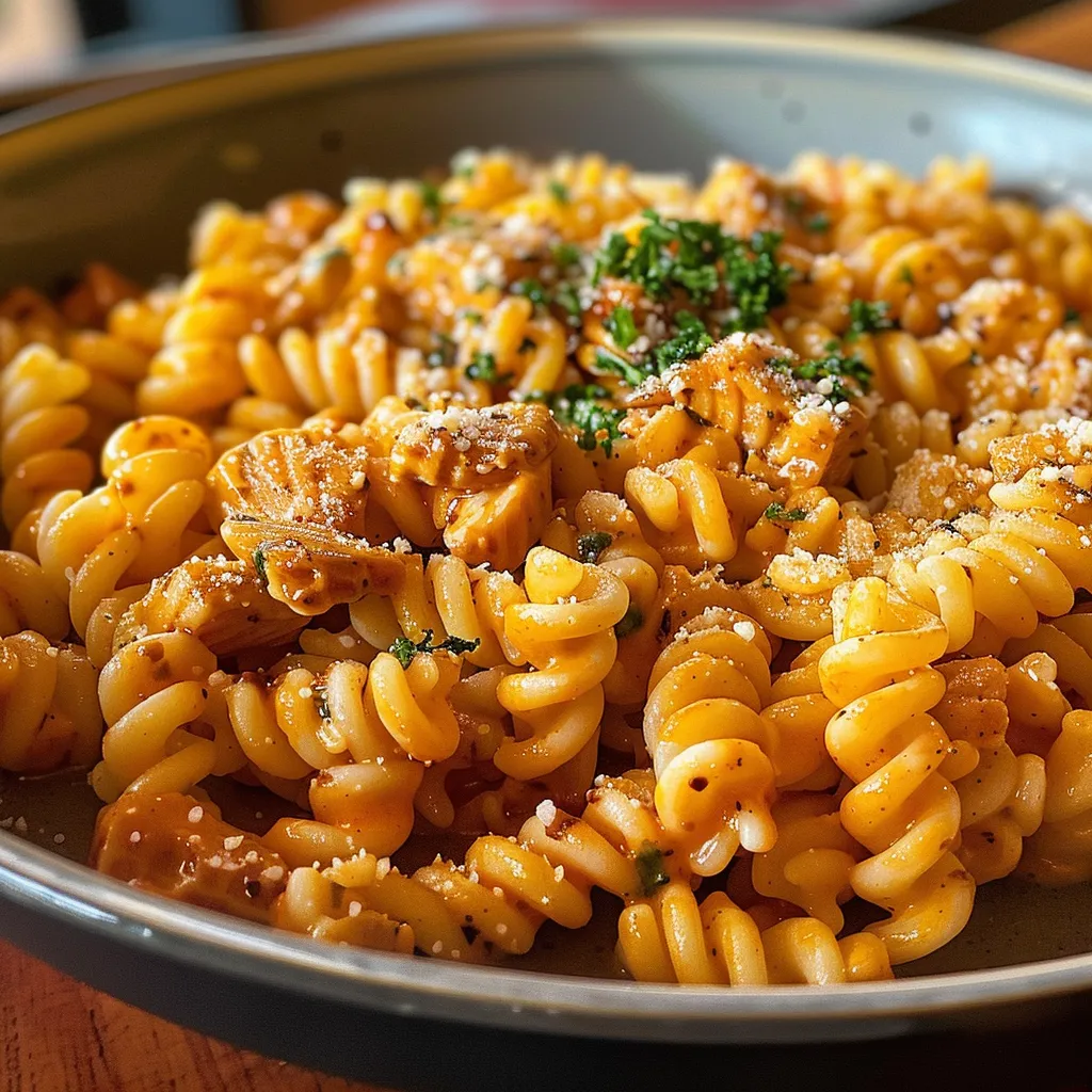 Side view of Macarrão Cremoso com Frango, showcasing juicy chicken pieces and fusilli pasta.