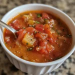Close-up of a vibrant molho de tomate rápido in a bowl with fresh herbs.