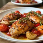 Close-up of juicy chicken breast with colorful vegetables.
