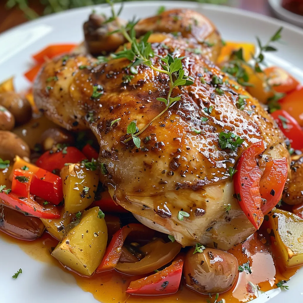 Side view of grilled chicken with sliced carrots, zucchini, and red bell pepper.