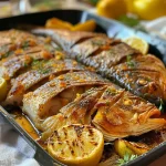 Peixe assado dourado com limão e temperos, em fundo neutro.