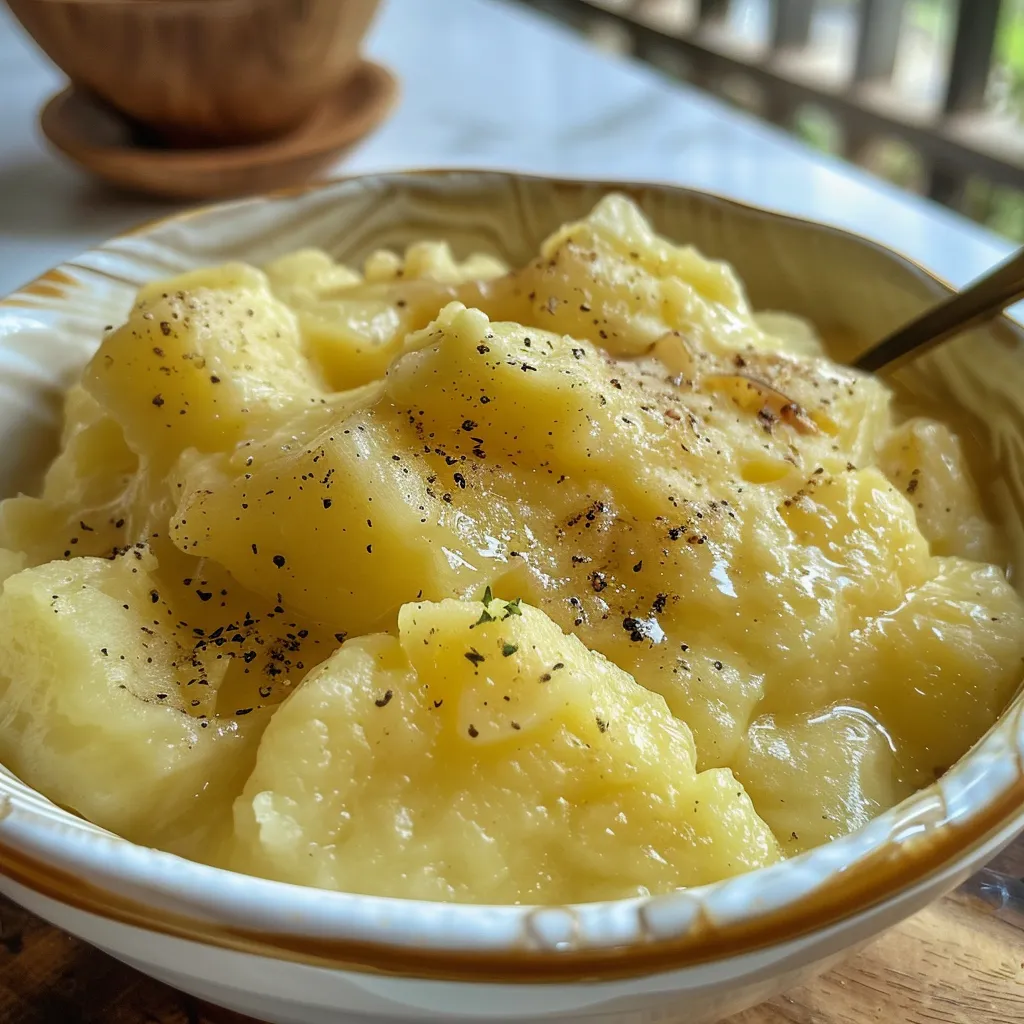 Side view of smooth sweet potato mash topped with a dollop of cream.