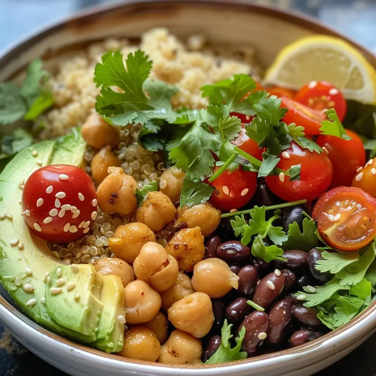 Close-up of a vibrant quinoa bowl with avocado, chickpeas, and cherry tomatoes.