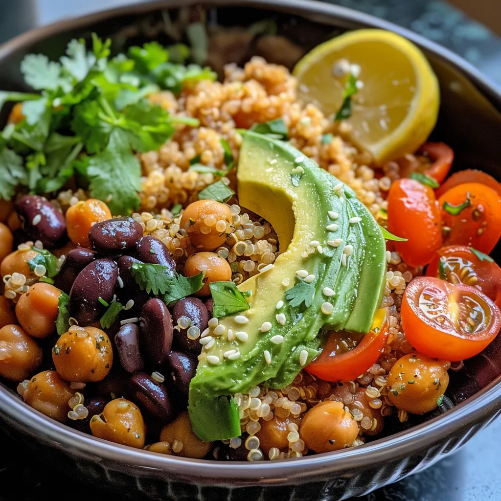 Side view of a healthy quinoa bowl featuring sliced avocado and fresh greens.