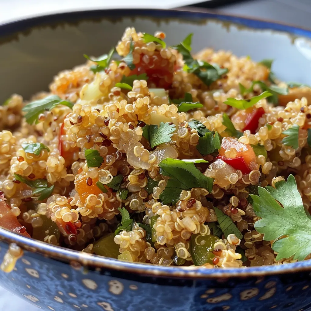 Juicy quinoa dish featuring broccoli florets and diced carrots.