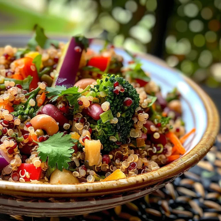 Close-up of a colorful quinoa salad with assorted vegetables.