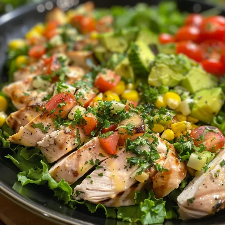 Explosão de Cores e Sabores: Salada de Frango que Encanta Salada colorida com frango, vista lateral em close-up, com ingredientes frescos e vibrantes.