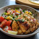 Salada colorida com frango desfiado, legumes frescos e molho.