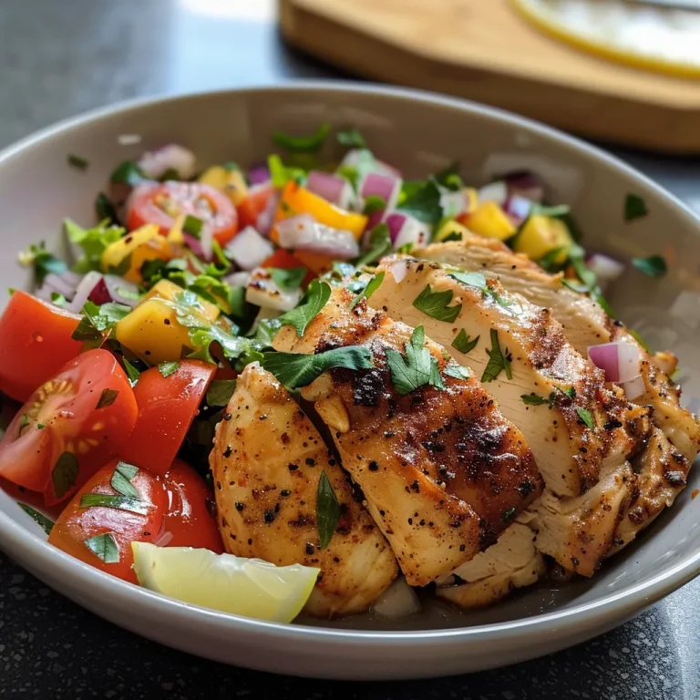 Salada colorida com frango desfiado, legumes frescos e molho.