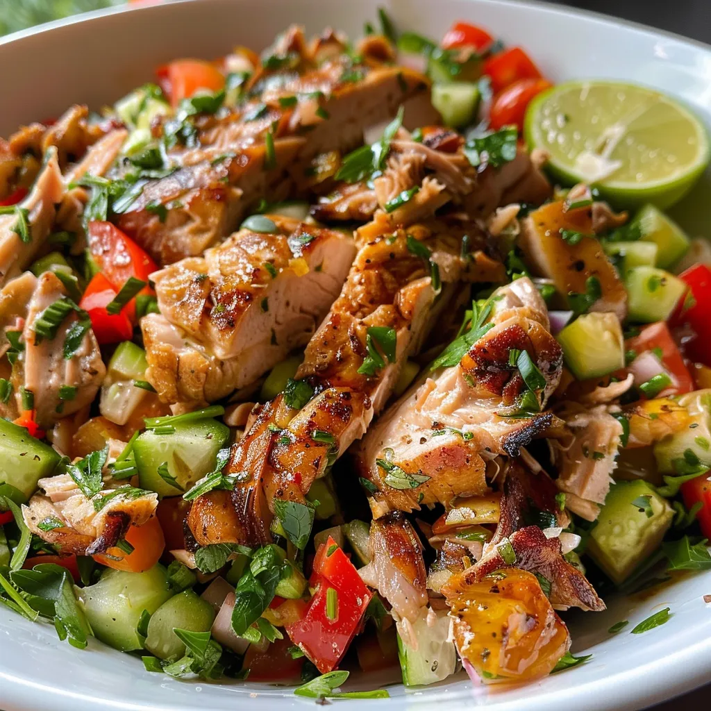 Close-up de uma salada fresca com ingredientes variados e frango desfiado.