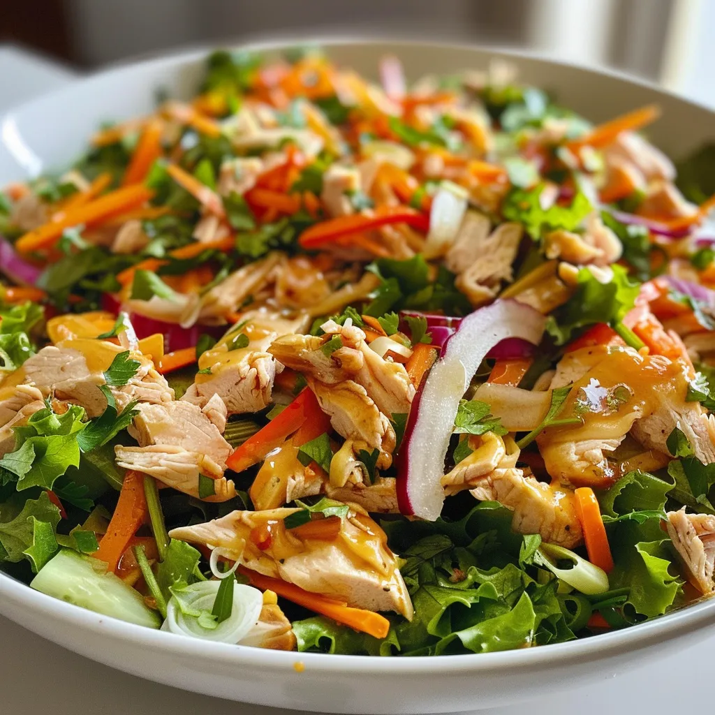 Vista lateral de salada asiática com ingredientes coloridos e molhos.