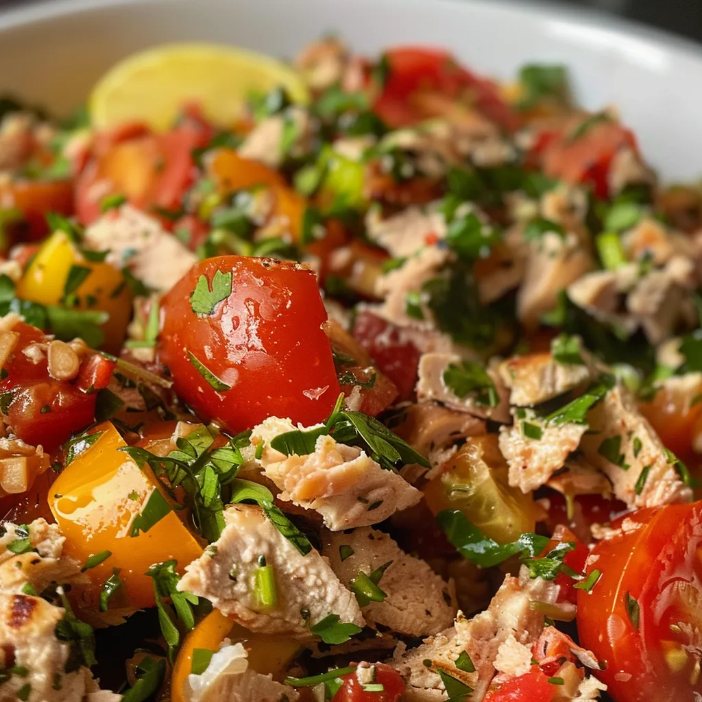 Close-up de uma salada nutritiva de atum com abacate e coentro.