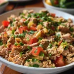 Salada de atum com alface, tomates e azeitonas em uma tigela.