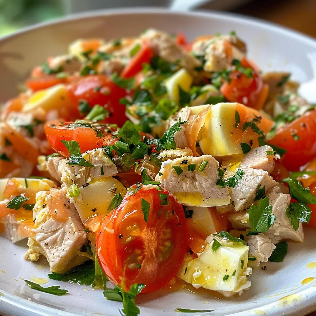 Close-up de uma salada colorida de atum com vegetais frescos.