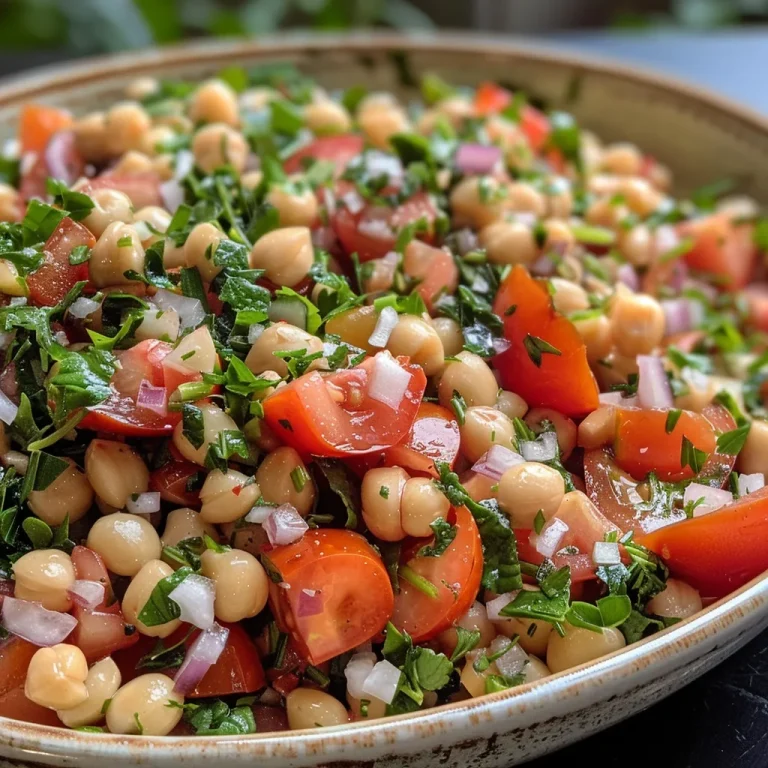 Close-up of a colorful refreshing chickpea salad with vegetables.