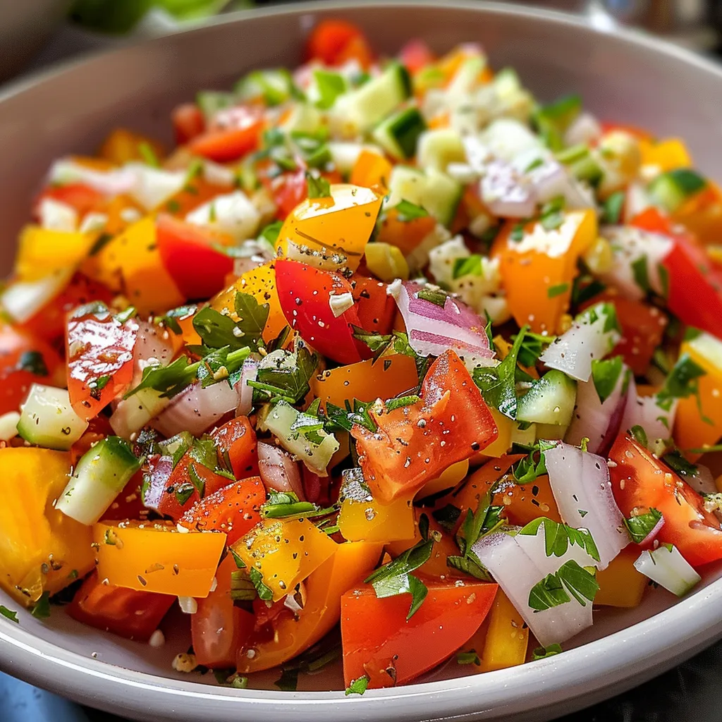 Side view of a vibrant bowl of Salada de Grão-de-Bico with fresh ingredients.