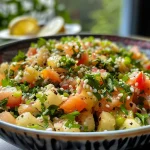 Salada de grão-de-bico fresca e vibrante em uma tigela, vista lateral.