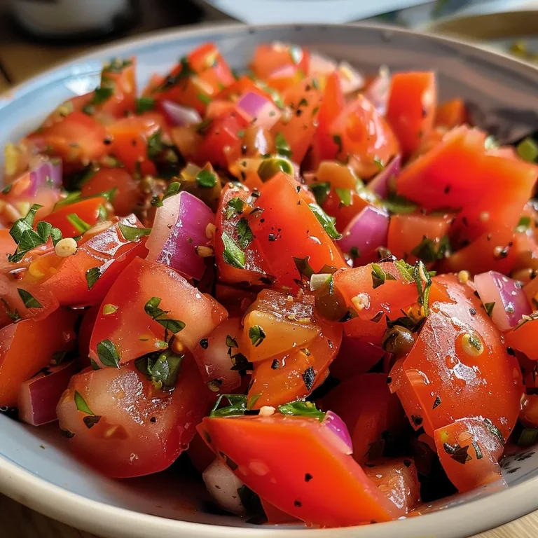 Refrescância e Sabor: A Salada que Eleva Qualquer Refeição Salada colorida de tomate, cebola e pimentão em close.