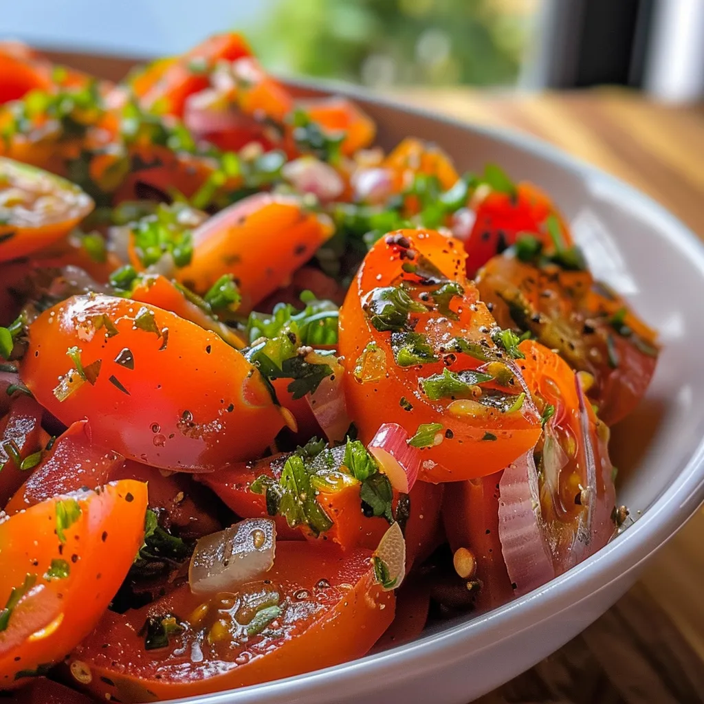Vista lateral de uma salada fresca com tomates, cebolas e pimentões.