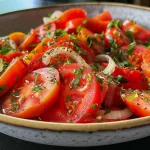 Salada de tomate fresca com cebola e manjericão em close.