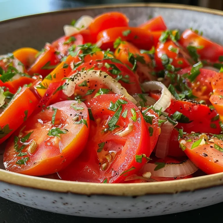 Salada de tomate fresca com cebola e manjericão em close.
