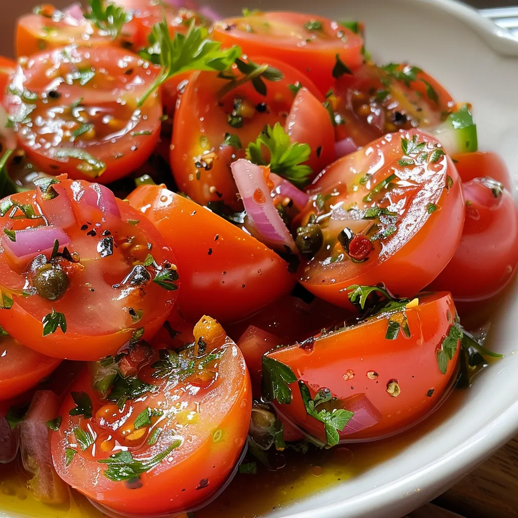 Prato de salada de tomate com cebola e ervas em ângulo lateral.