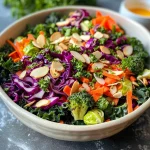 Salada detox colorida com couve, repolho roxo, cenoura e sementes.