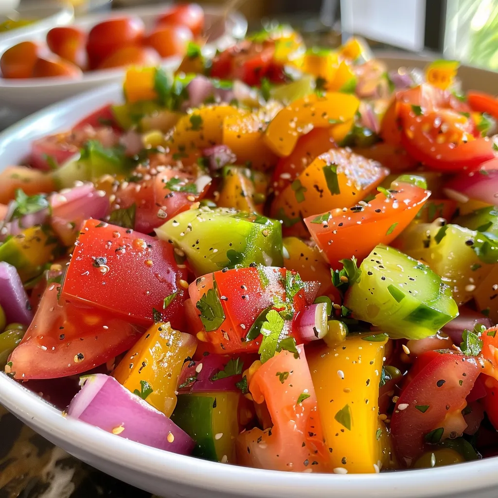 Visão lateral de uma salada fresca com tomates, cebola roxa e azeitonas em um prato.