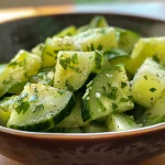 Close-up of a vibrant and fresh green salad with layers of lettuce, cucumber, avocado, and toppings.