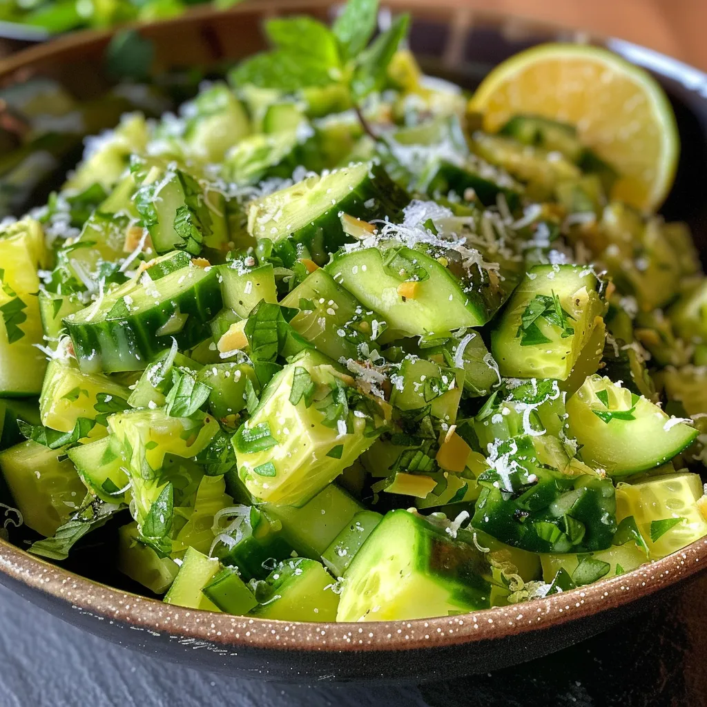 Side view of a colorful salad featuring lettuce, sliced cucumber, Parmesan cheese, and pumpkin seeds.