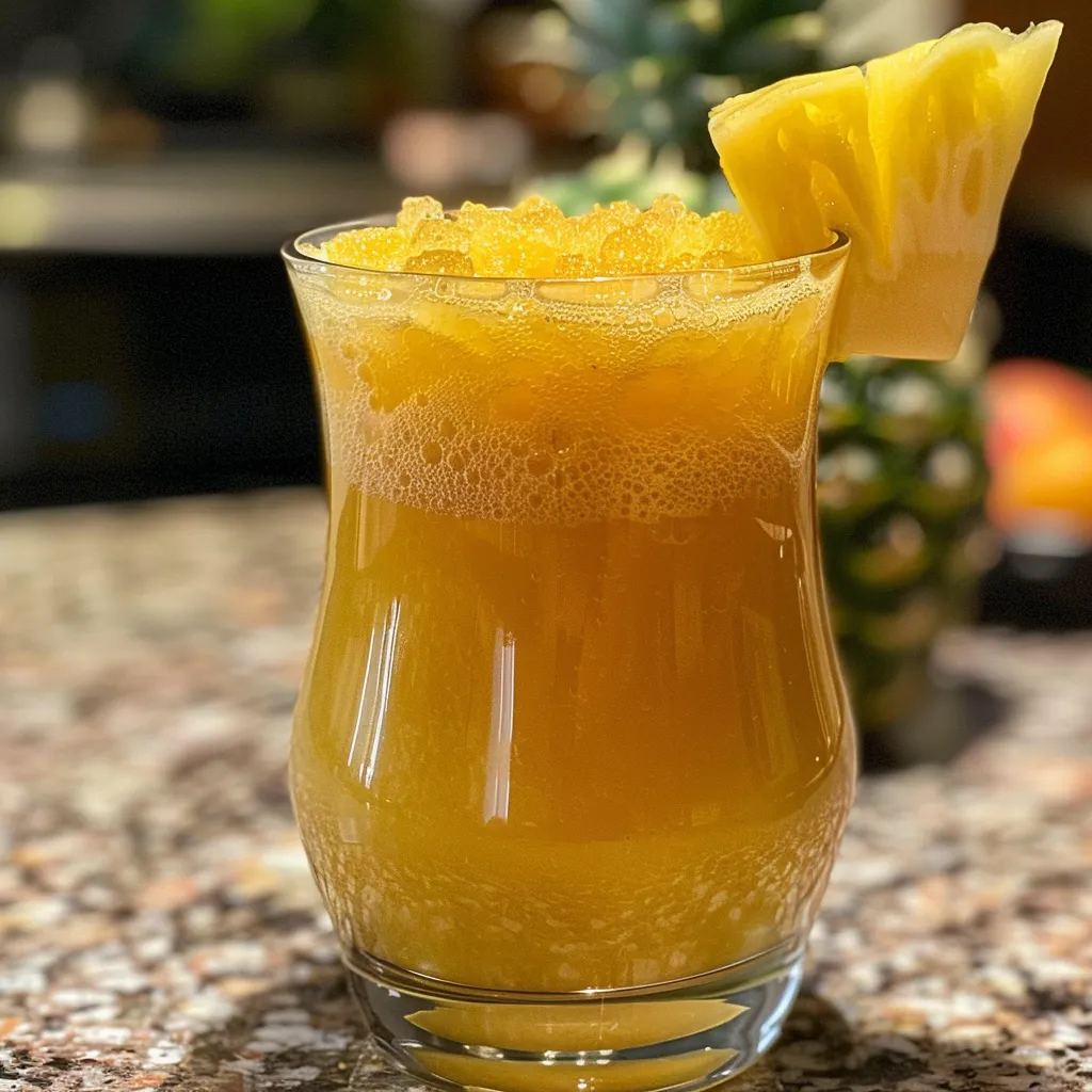 Side view of a glass filled with yellow pineapple peel juice, garnished with mint leaves.