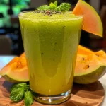 Close-up de um copo de Suco Detox Tropical com pedaços de abacaxi e folhas de hortelã.