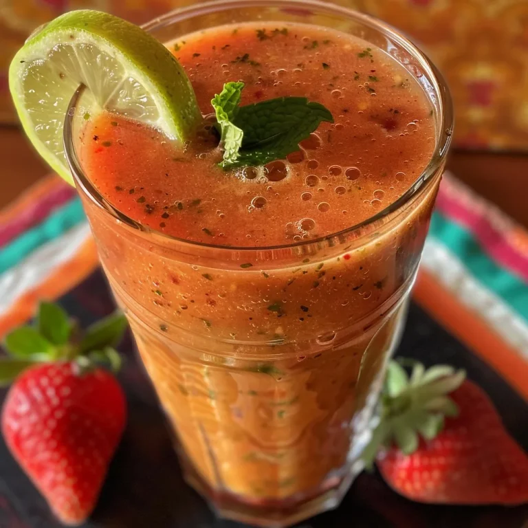 Close-up de um copo de suco de morango com gelo.