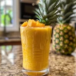 Close-up image of a refreshing pineapple smoothie with mint leaves.