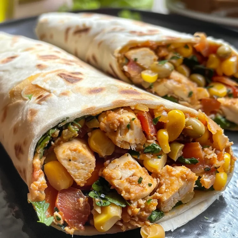 Close-up of a juicy Wrap de Frango e Legumes with visible chicken and vegetables.