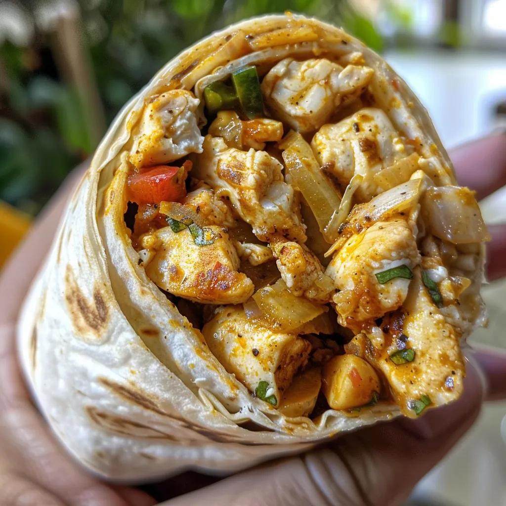 Side view of a homemade wrap filled with shredded chicken, carrots, and lettuce.