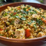 Prato de arroz integral com frango e legumes, exibindo cores vibrantes.